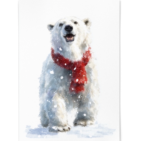 Watercolor Polar Bear with Red Scarf Portrait Wall Art Print Poster, Unframed - Picture 2 of 6